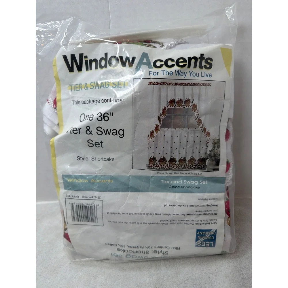 NEW Lees Curtain Company Window Accents Tier Swag Set 36in Shortcake Strawberry